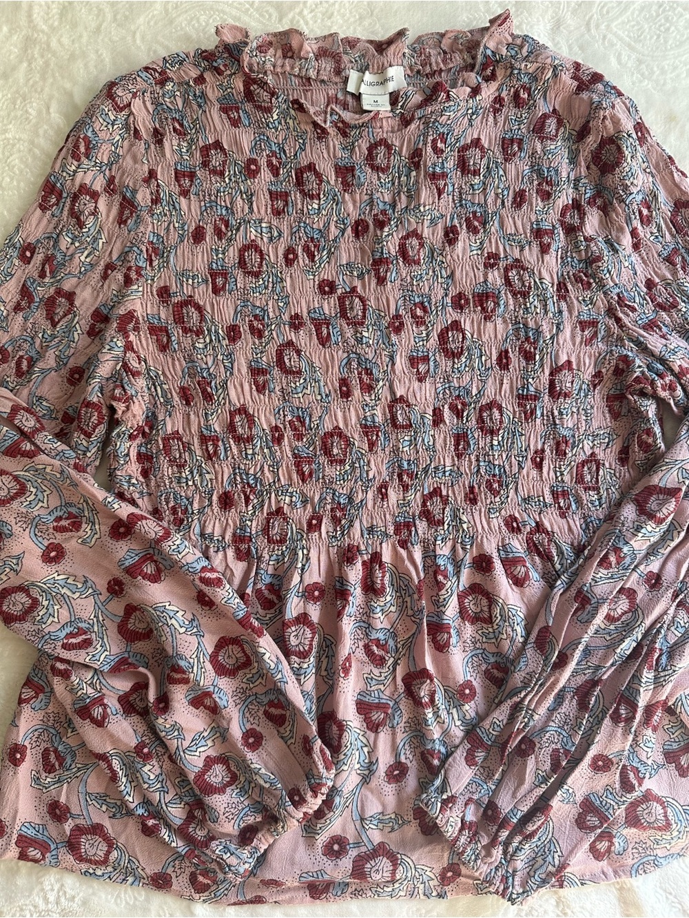Calligraphie Boho Floral Smocked Peplum Top - Mauve and burgundy